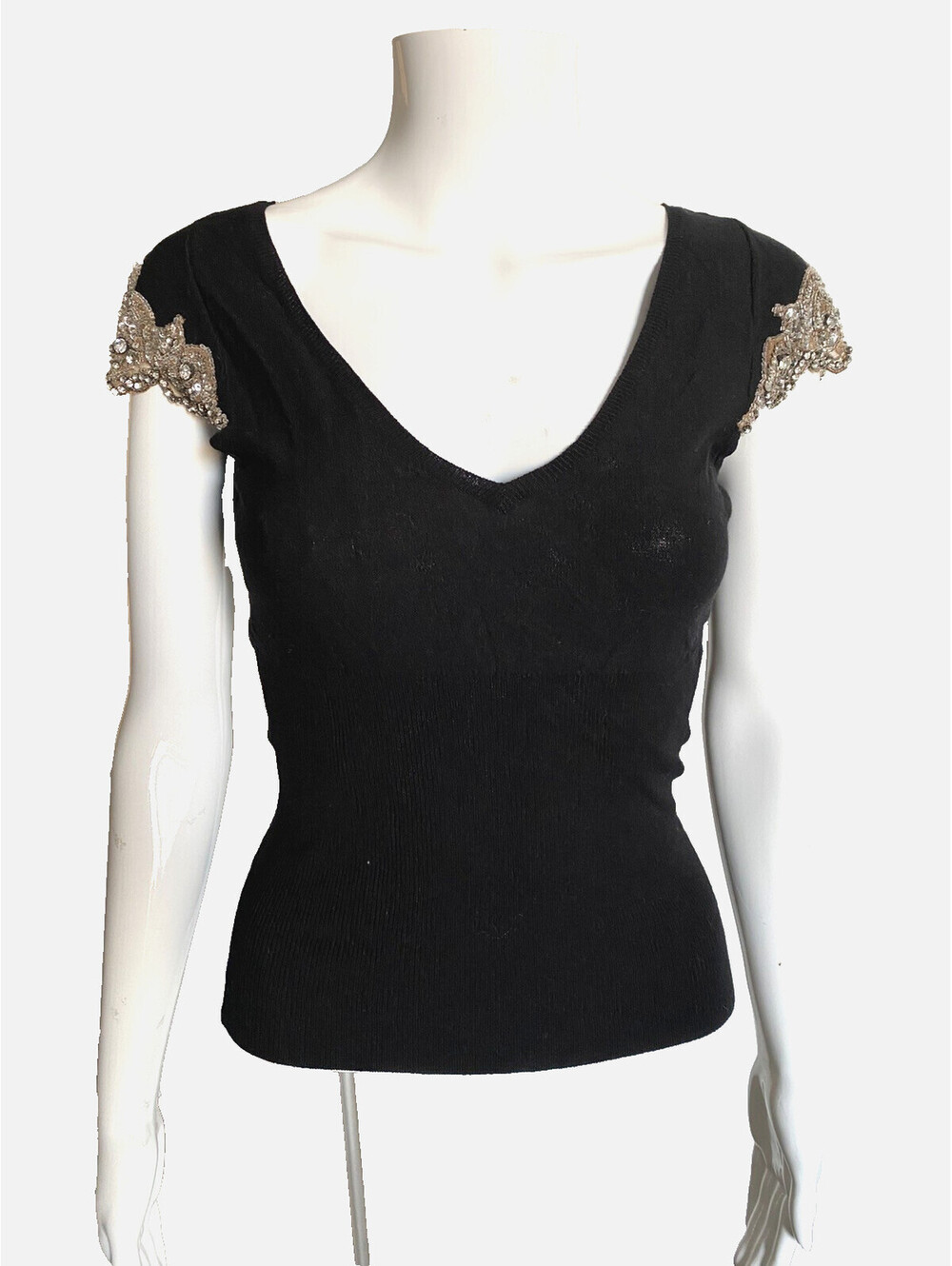 TRACY REESE Black S Small Knit Top Jeweled Cap Sleeve V-neck Open Back Beaded